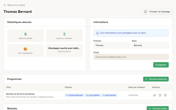Fiche d'un client dans I Train With You : statistiques de séances et programmes (données de démonstration)