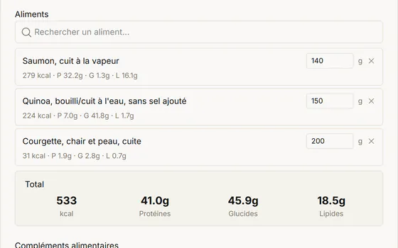 Repas composé dans I Train With You avec calories, protéines, glucides et lipides (données de démonstration)