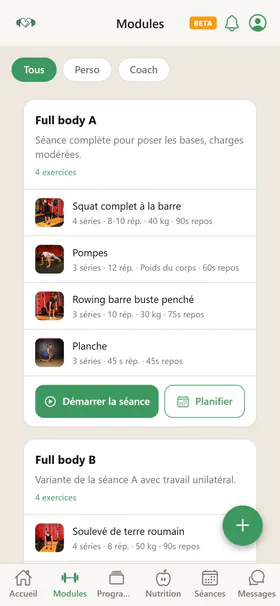 Accueil de l'application client I Train With You sur un téléphone (données de démonstration)