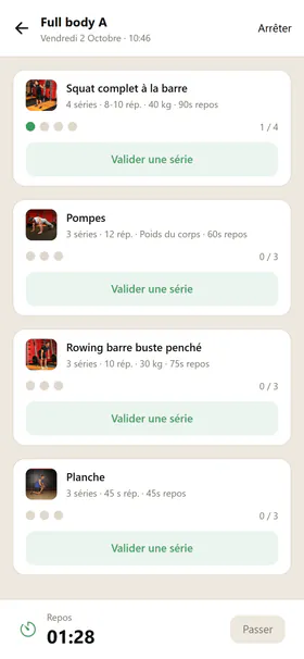 Écran de séance de l'application client I Train With You, avec le minuteur de repos (données de démonstration)